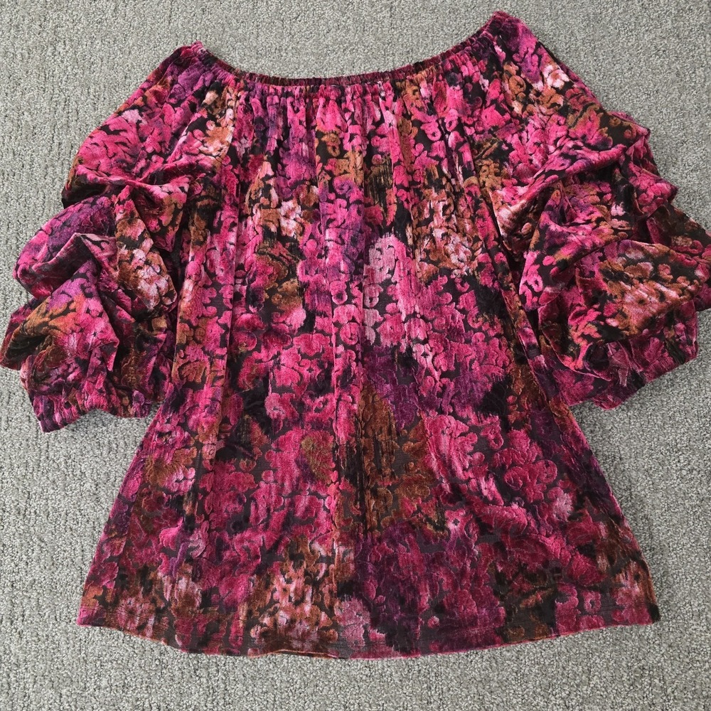 Coco Bianco Velvet Burnout Top S Pink Off Shoulder Ruffle Puff Sleeve Romantic